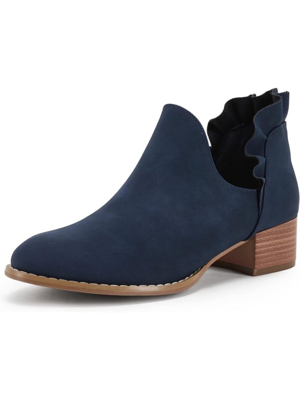 Women's Navy Ruffled Ankle Boots V Cut Out Pointed Toe Low Heel Western Booties